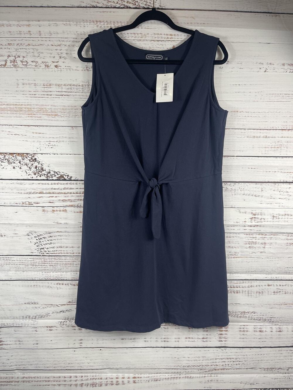Duffield Lane Johanas Dress Womens Large Navy V Neck Tie Front Tank Knee Length